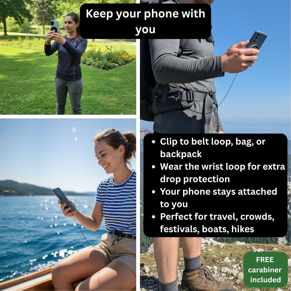 ZeroDrop Secure-Retractable Phone Safety Tether (Lock + Grip + Stand + Magnetic Mount)